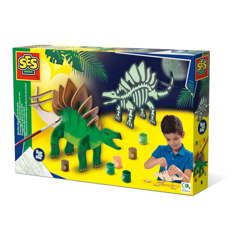 SES CREATIVE Children's Wooden Dino Glow-in-the-Dark Kit, Unisex, Five Years and Above, Multi-colour