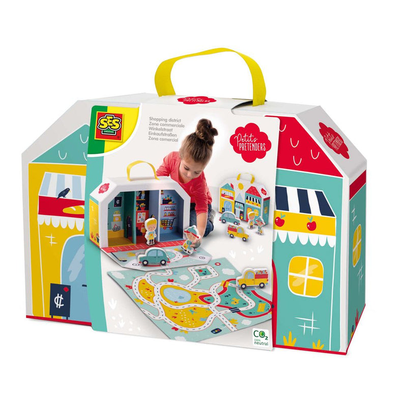 SES CREATIVE Petits Pretenders Children's Shopping District Play Suitcase and Play Mat, Unisex, Three Years and Above, Multi-colour