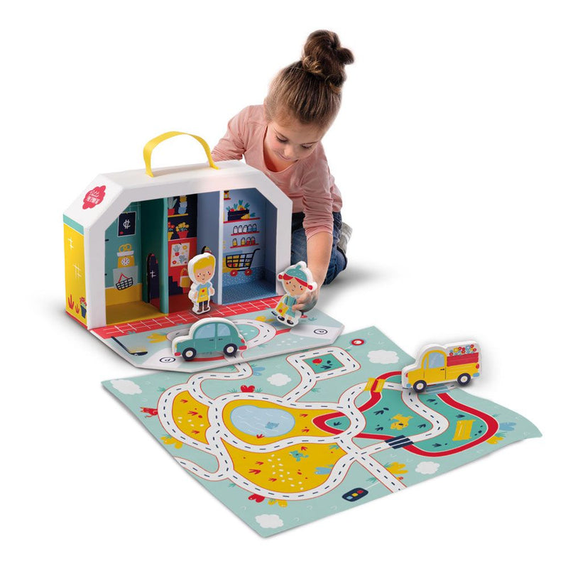 SES CREATIVE Petits Pretenders Children's Shopping District Play Suitcase and Play Mat, Unisex, Three Years and Above, Multi-colour
