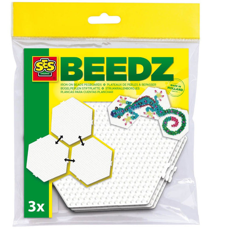 SES CREATIVE Beedz Iron-on Beads Hexagon Connectable Pegboards, 3 Pegboards, 5 Years and Above