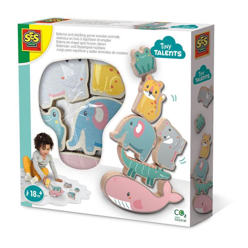 SES CREATIVE Tiny Talents Balance and Stacking Game Wooden Animals, 18 Month and Above