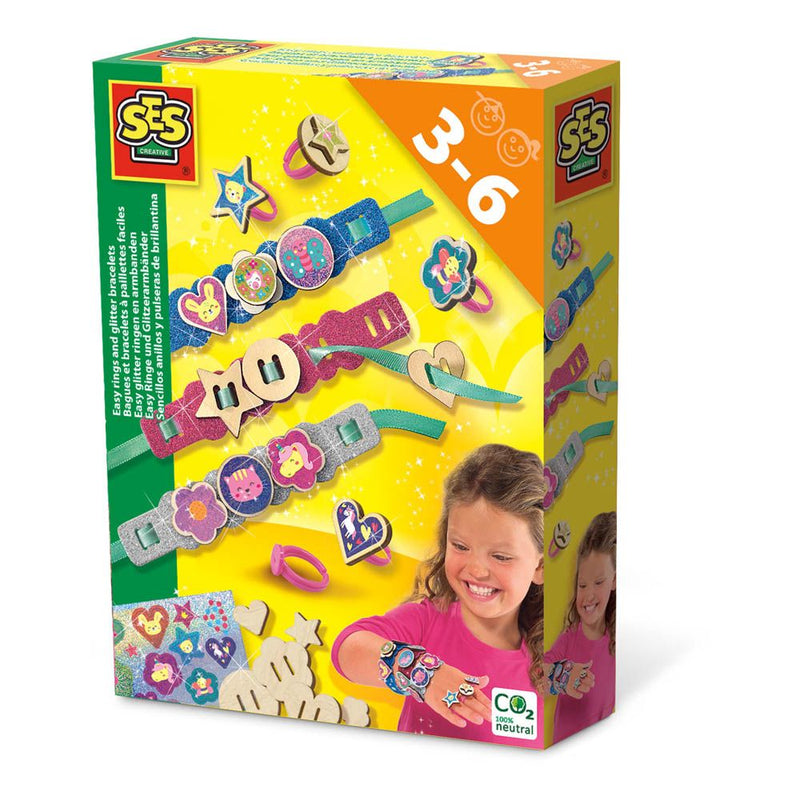 SES CREATIVE Easy Rings and Glitter Bracelets Jewellery Making Set, 3 to 6 Years