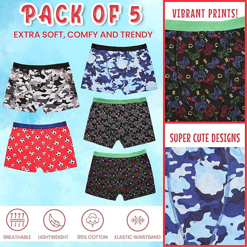 Pack of 5 Boys Boxer Shorts Cotton Rich Football Army Gamer Designs Elastic Waistband Comfortable Underwear for Active Kids by Sock Stack