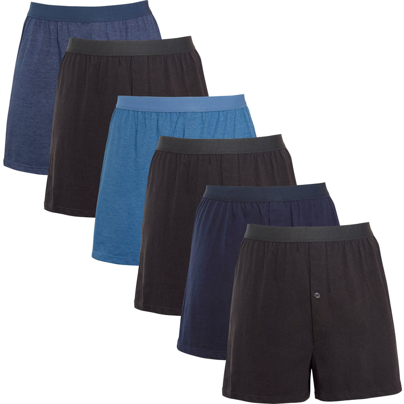 Pack of 6 Men’s Boxer Shorts Loose Fit Cotton Blend Jersey Underwear Super Soft Button Fly & Elastic Waistband by Sock Stack