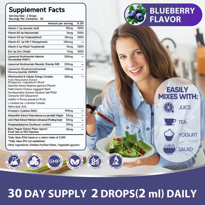 Liposomal NAD+ Drops - NAD+ NR NMNH Supplement for Mitochondrial Health - 60ml