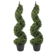 Pair of 90cm (3ft) Tall Artificial Boxwood Tower Trees Topiary Spiral Metal Top - InStock