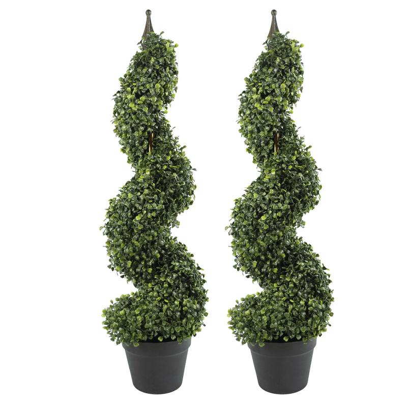 Pair of 90cm (3ft) Tall Artificial Boxwood Tower Trees Topiary Spiral Metal Top - InStock