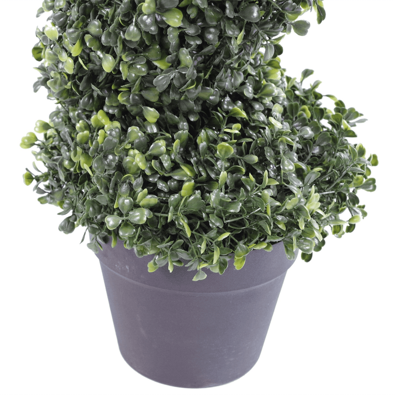 Pair of 90cm (3ft) Tall Artificial Boxwood Tower Trees Topiary Spiral Metal Top - InStock