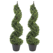 Pair of 90cm (3ft) Tall Artificial Boxwood Tower Trees Topiary Spiral Metal Top - InStock