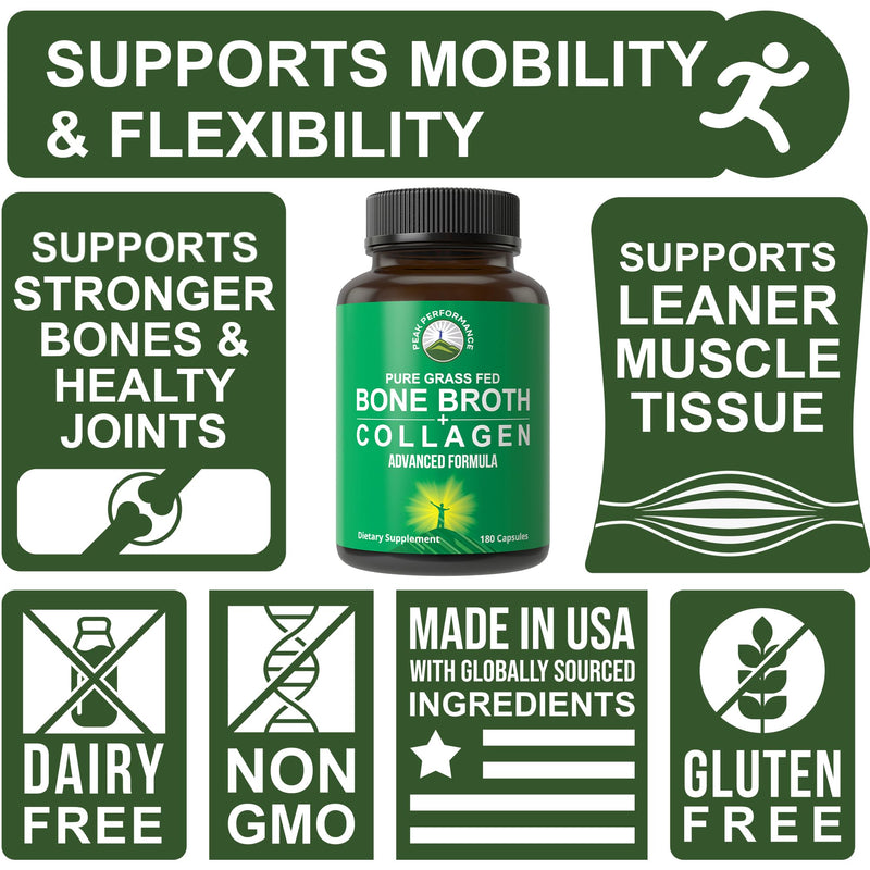 Peak Performance Bone Broth Collagen Capsules — Grass-Fed, All 3 Types (I, II, III) | 180 Pasture-Raised, Paleo-Friendly