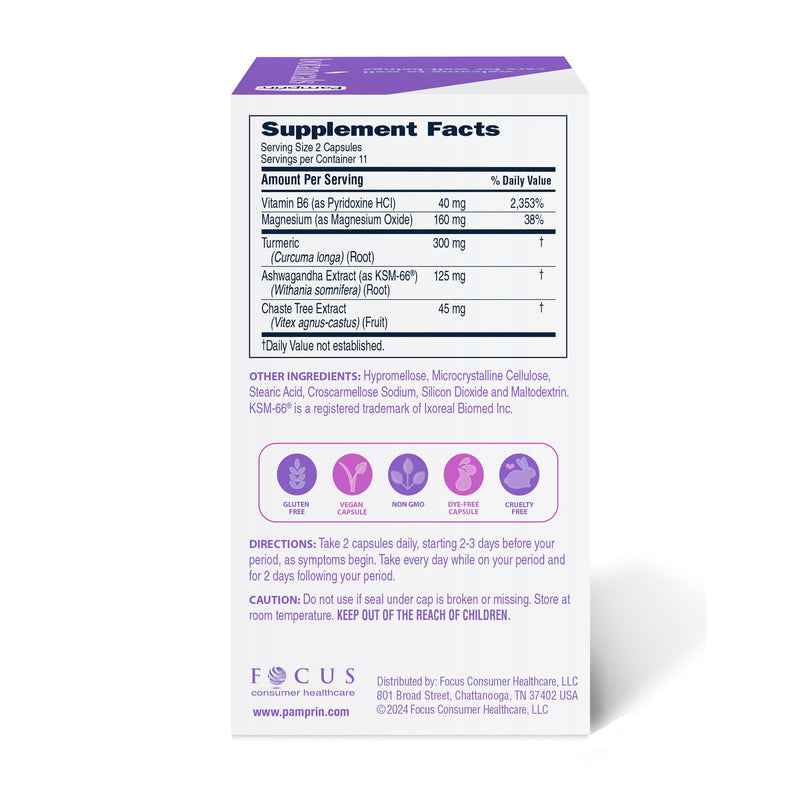 Pamprin Botanicals PMS Support – Ashwagandha, Magnesium, Turmeric, B6, Chasteberry (22 Count)