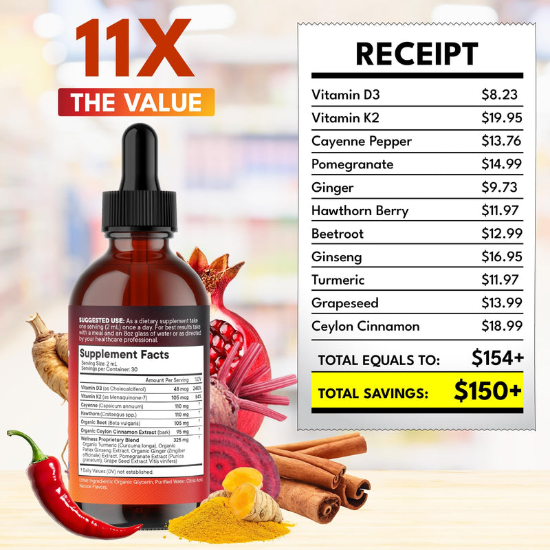 Cayenne Pepper Liquid Drops with Hawthorn Berry, D3 K2 - 4oz
