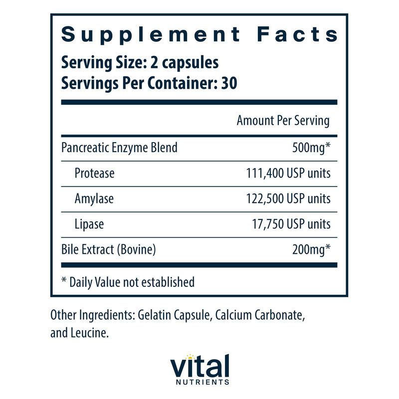Vital Nutrients Pancreatin & Ox Bile Extract 500mg | Digestive Enzymes 60 Capsules