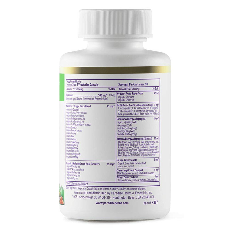 Paradise Earth's Blend Vitamin C with Adaptogens & Organic Greens | 90 Vegetarian Capsules
