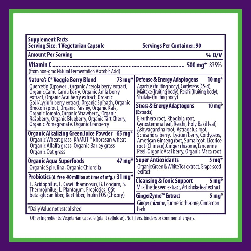 Paradise Earth's Blend Vitamin C with Adaptogens & Organic Greens | 90 Vegetarian Capsules
