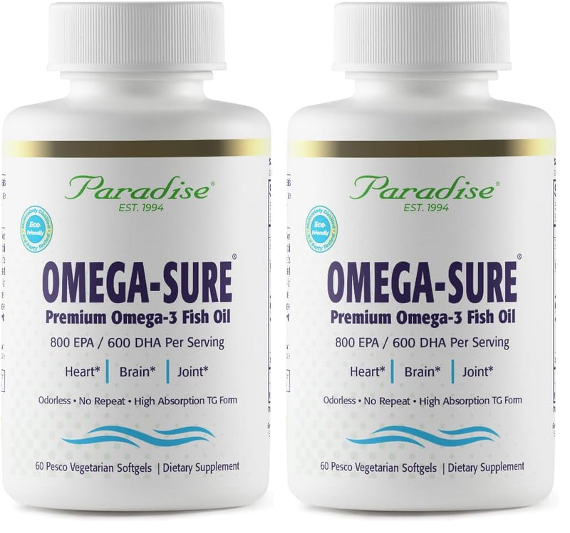 Paradise Herbs Omega-Sure Omega-3 Concentrate | Vegan Fish Oil, DHA & EPA, Gluten Free, 60 Softgels (Pack of 2)