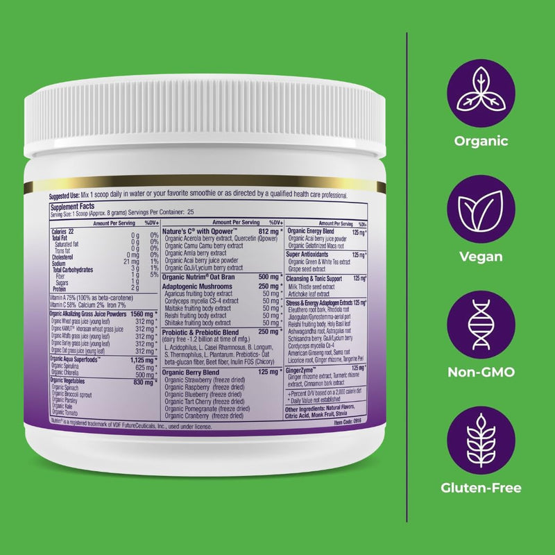 Paradise Herbs ORAC Energy Greens, Berry Superfood Powder, Over 40,000 ORAC Antioxidants, Organic Greens, Berries, Mushrooms & Probiotics, Non-GMO, Gluten-Free, 25 Servings