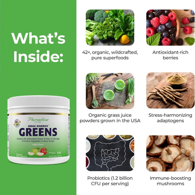Paradise Herbs ORAC Energy Greens – Apple Superfood Powder, 25 Servings