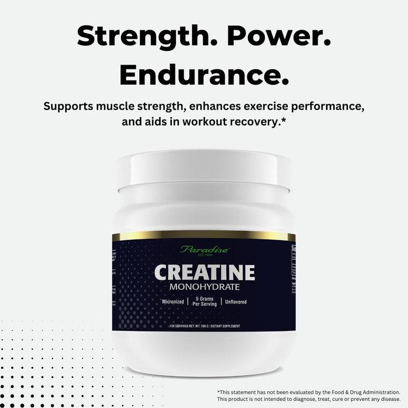 Paradise Creatine Monohydrate Powder – Micronized for Enhanced Absorption, 500g, 100 Servings