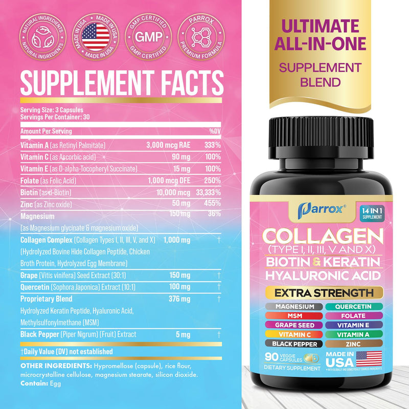 Parrox Collagen Capsules 14-in-1: Types I–X, Biotin, Keratin & Hyaluronic Acid (90 Capsules)