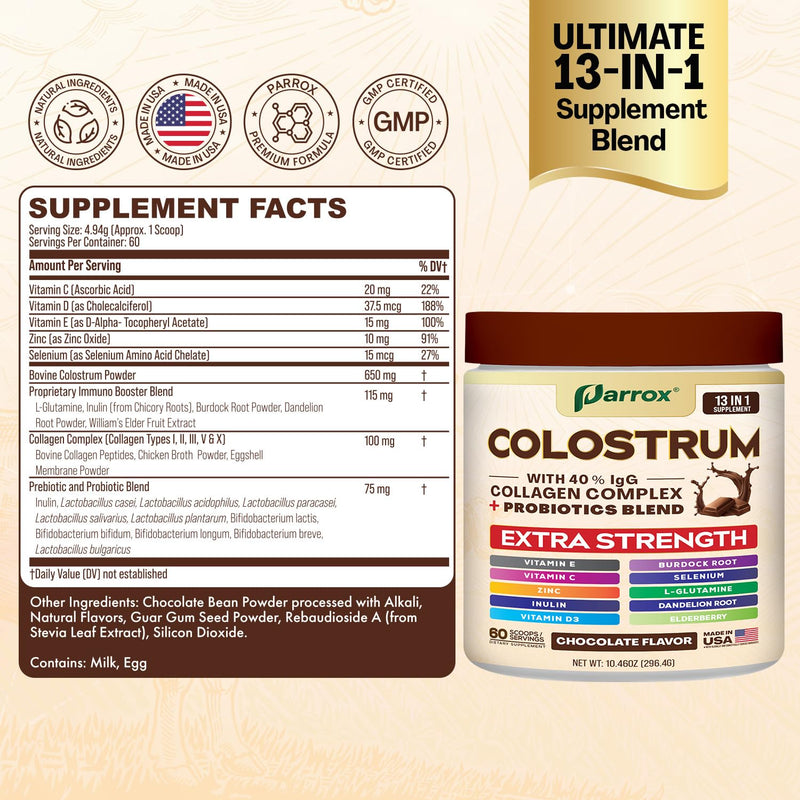 Parrox Colostrum Powder 40% IgG – 60 Servings (Chocolate) | Probiotics, Collagen & Vitamins