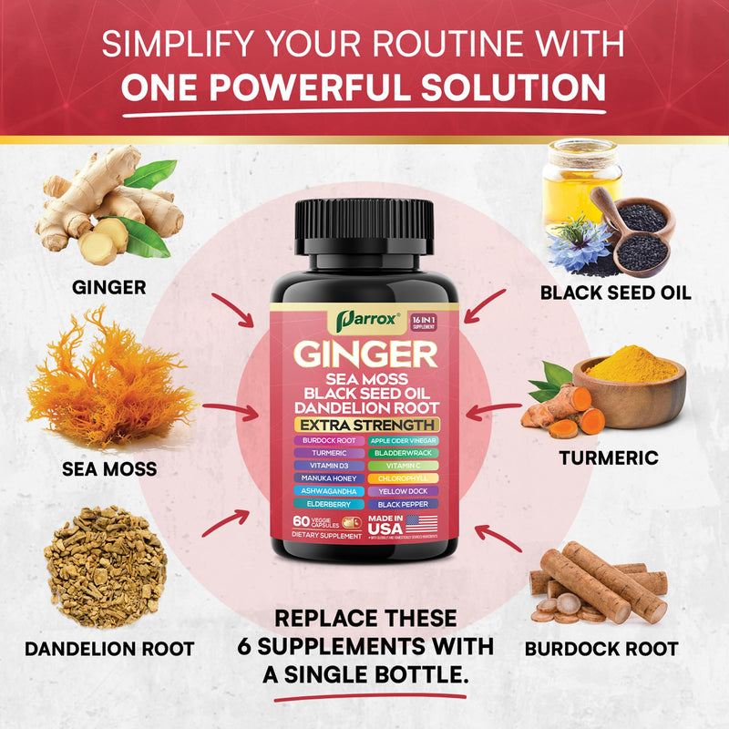 Parrox Ginger 16-in-1: Ginger, Turmeric, Sea Moss, Black Seed Oil – 60 Capsules