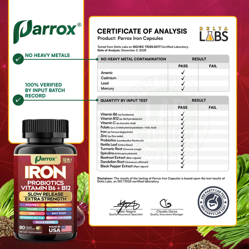 Parrox Elemental-Iron: Slow-Release Iron with Probiotics, Beetroot, Turmeric & B Vitamins – 2 Pack, 60 Capsules Each
