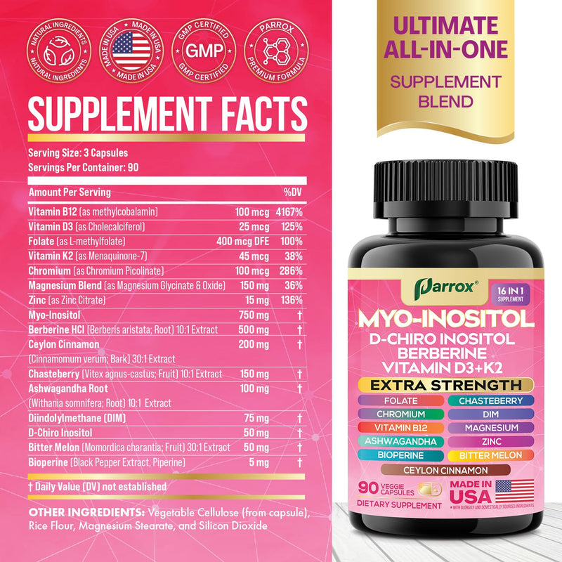 Parrox Myo-Inositol 16-in-1 Supplement | D-Chiro Inositol, DIM, Berberine, D3 + K2 | 3-Month Supply