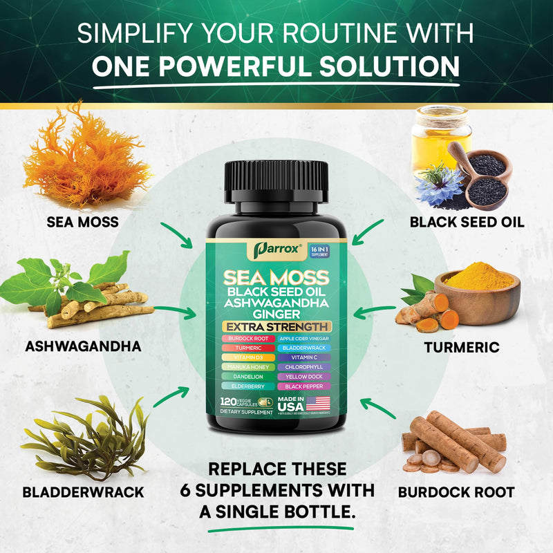 Parrox Sea Moss 16-in-1 Capsules (120 Caps) – Herbal Wellness with Sea Moss, Black Seed Oil, Ashwagandha & More