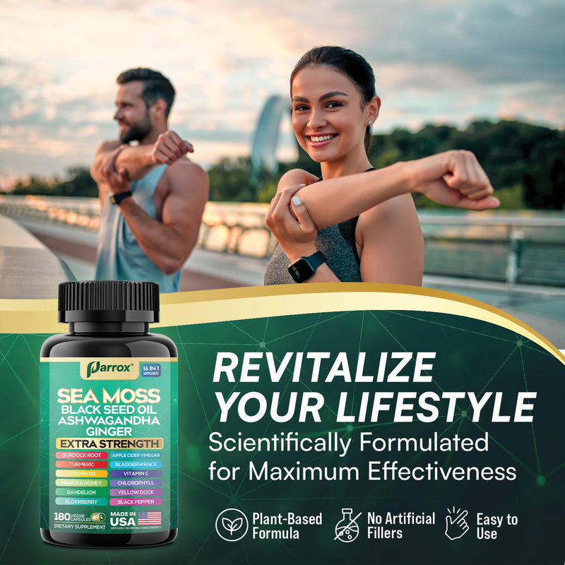 Parrox Sea Moss 16-in-1 Capsules – Sea Moss, Black Seed Oil & More (180 Caps)