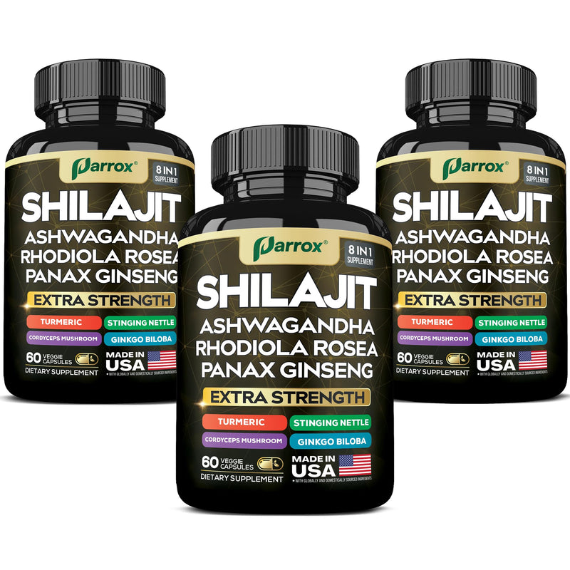 Parrox Shilajit 8-in-1 Supplement – 180 Caps | Shilajit, Ginseng, Ashwagandha, Rhodiola, Turmeric