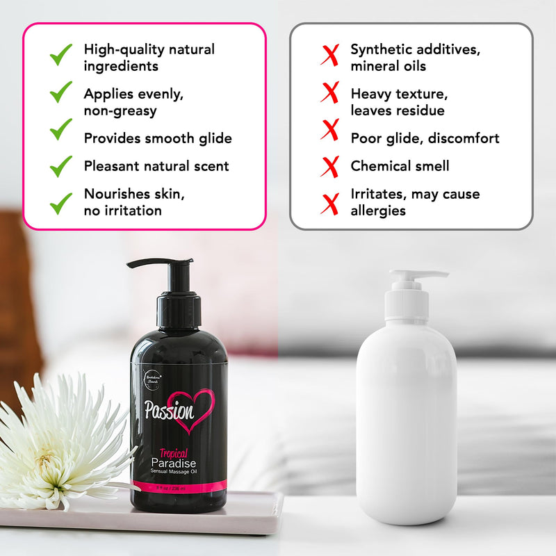 Passion Sensual Massage Oil for Date Night | 100% Natural Body Oil for Couples with Jojoba & Almond | Aromatherapy & Relaxing Massage Therapy | Perfect Glide & Smooth Skin | Tropical Paradise Scent