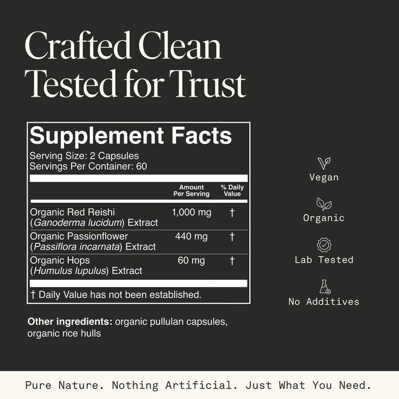 Mushroom Sleep Supplement — Reishi, Passionflower & Hops | 100% USDA Organic, Vegan, 120 Caps