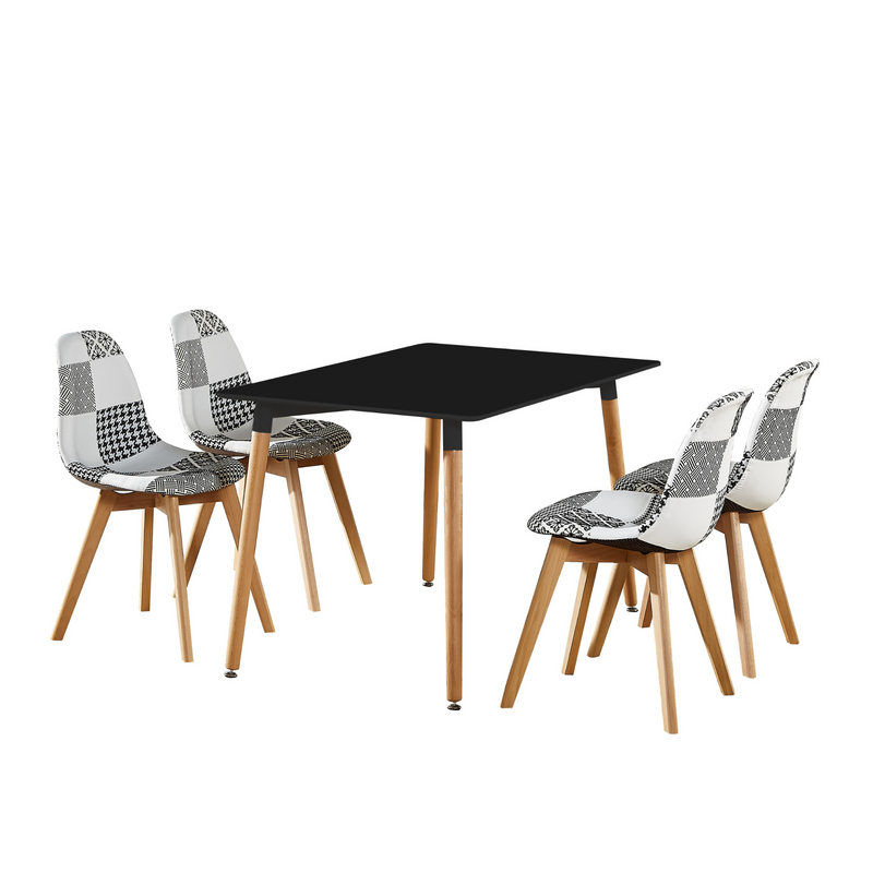 5-Piece Halo Dining Set - Black Table & 4 Black/White Patchwork Chairs