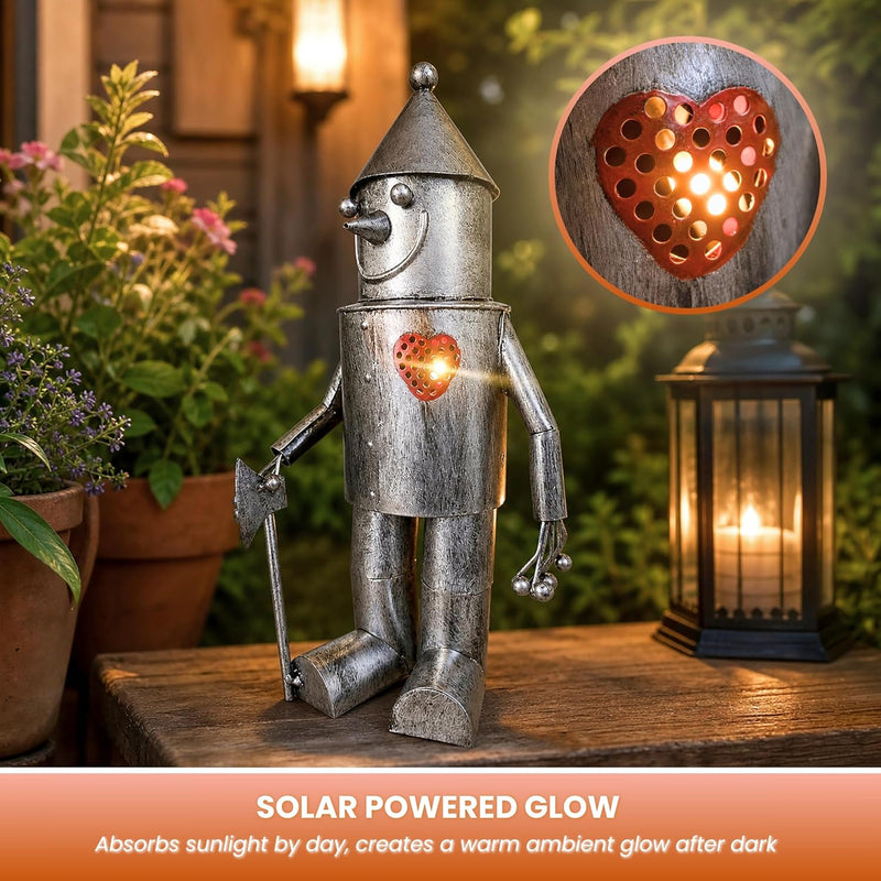 Solar Tin Man Garden Ornament with Light Up Heart Metal Statue 30cm