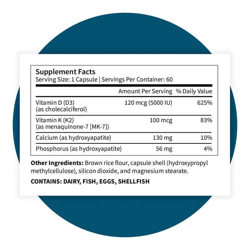 Pattern Wellness Vitamin K2 and D3 with Calcium - Bone Health, Circulatory & Immune Support - Non-GMO - 60 Capsules