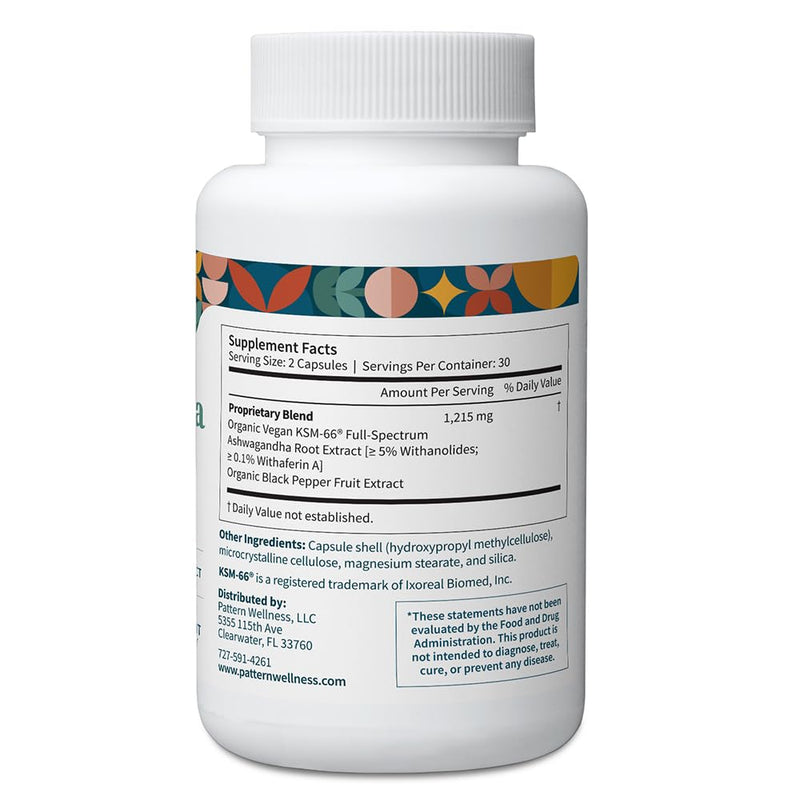 Pattern Wellness Ashwagandha Complex – Organic KSM-66 & Black Pepper for Stress & Energy