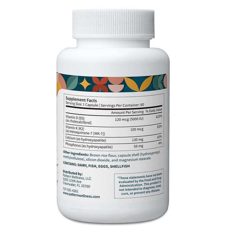 Pattern Wellness Vitamin K2 and D3 with Calcium - Bone Health, Circulatory & Immune Support - Non-GMO - 60 Capsules