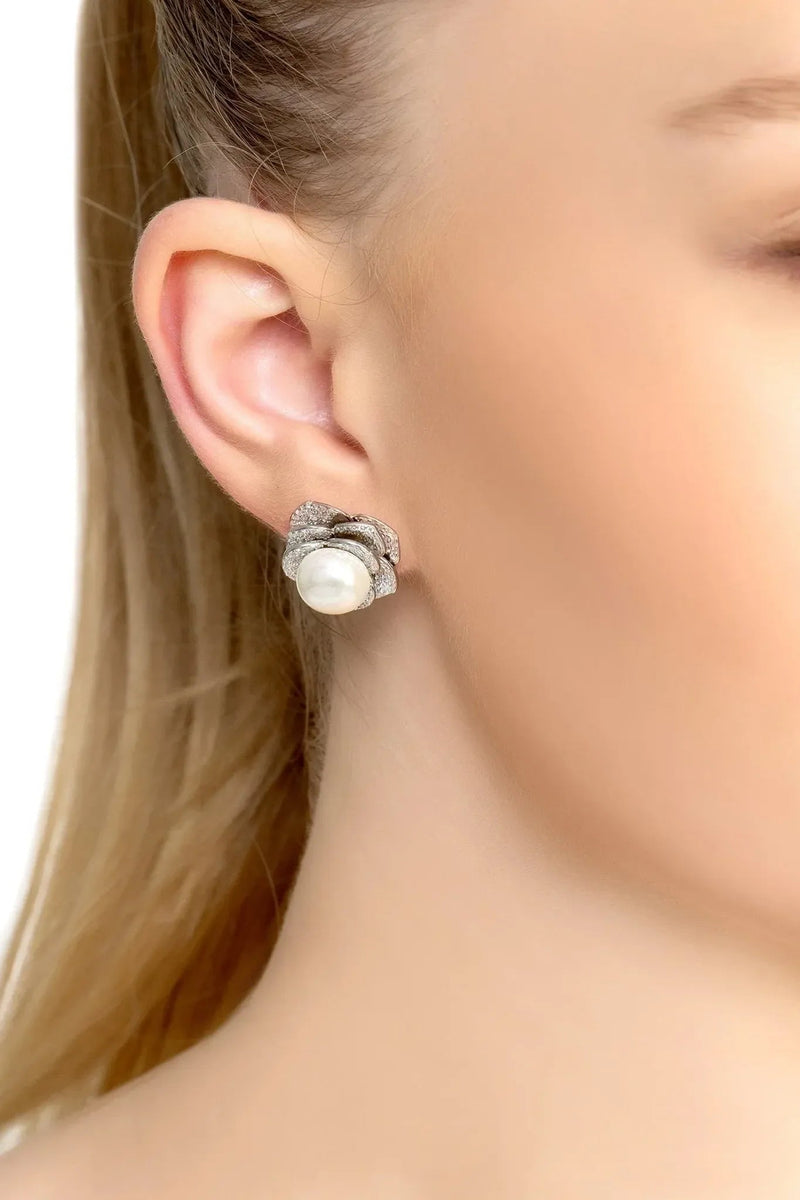 Pearl And Rose Petals Stud Earrings Silver