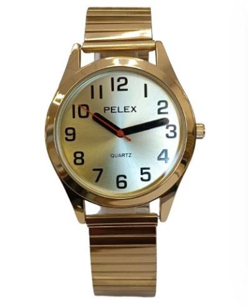 Pelex Mens Big number Gold Case Gold Dial Gold Bracelet Strap Quartz Watch - InStock