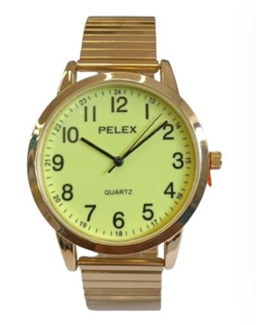 Pelex Mens Big number Gold Case Night Glow Dial Gold Bracelet Strap Quartz Watch - InStock