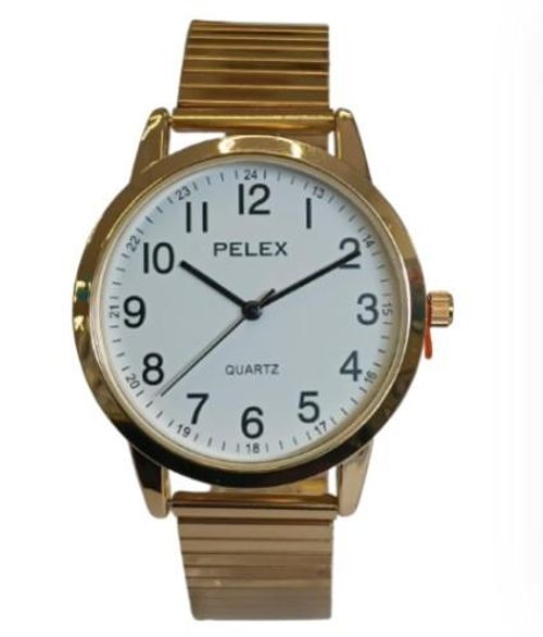 Pelex Mens Big number Gold Case White Dial Gold Bracelet Strap Quartz Watch - InStock