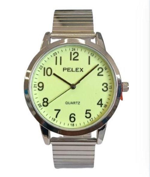 Pelex Mens Big number Silver Case Night Glow Dial Silver Bracelet Strap Quartz Watch - InStock
