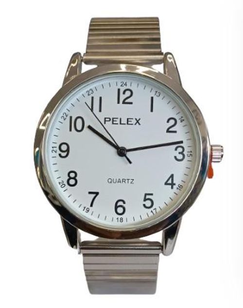 Pelex Mens Big number Silver Case White Dial Silver Bracelet Strap Quartz Watch - InStock