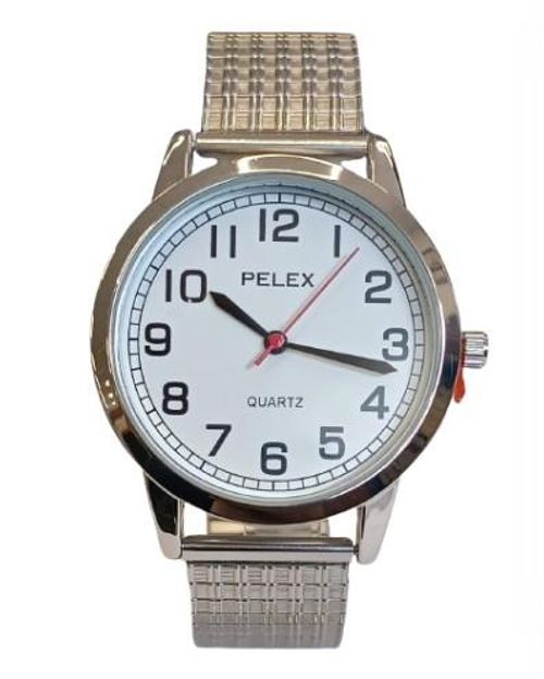 Pelex Mens Big number Silver Case White Dial Silver Bracelet Strap Quartz Watch - InStock