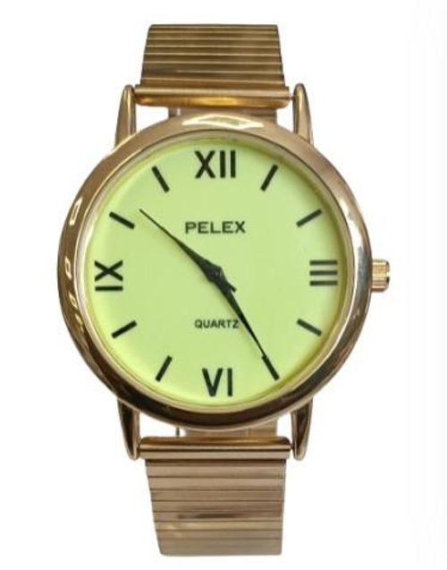 Pelex Mens Big Roman number Gold Case Night Glow Dial Gold Bracelet Strap Quartz Watch - InStock