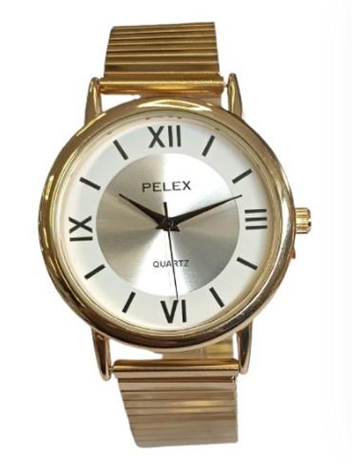 Pelex Mens Big Roman number Gold Case White Dial Gold Bracelet Strap Quartz Watch - InStock