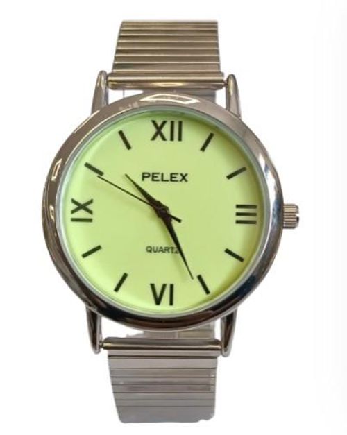 Pelex Mens Big Roman number Silver Case Night Glow Dial Silver Bracelet Strap Quartz Watch - InStock