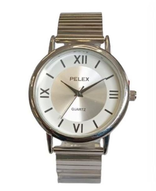 Pelex Mens Big Roman number Silver Case White Dial Silver Bracelet Strap Quartz Watch - InStock