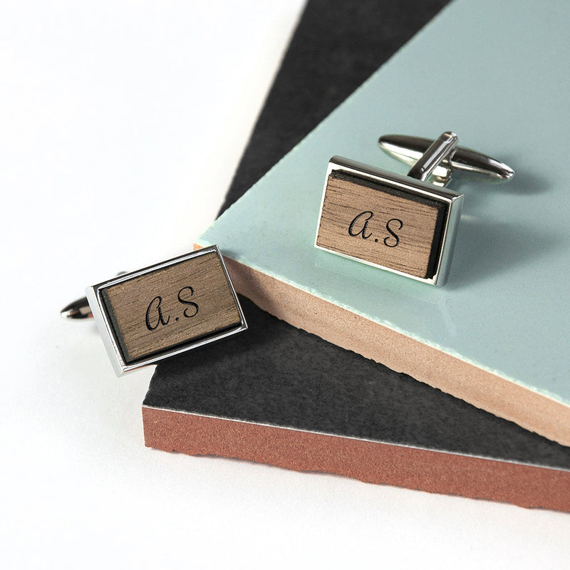 Monogrammed Rectangle Walnut Cufflinks